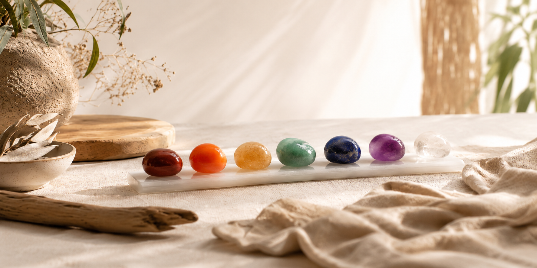 Colorful tumbled crystals on a marble slab