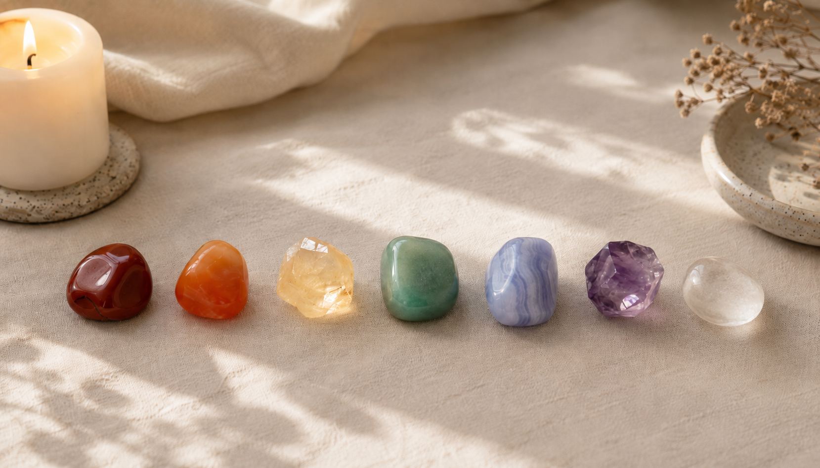 A warm lineup of chakra-colored stones arranged horizontally