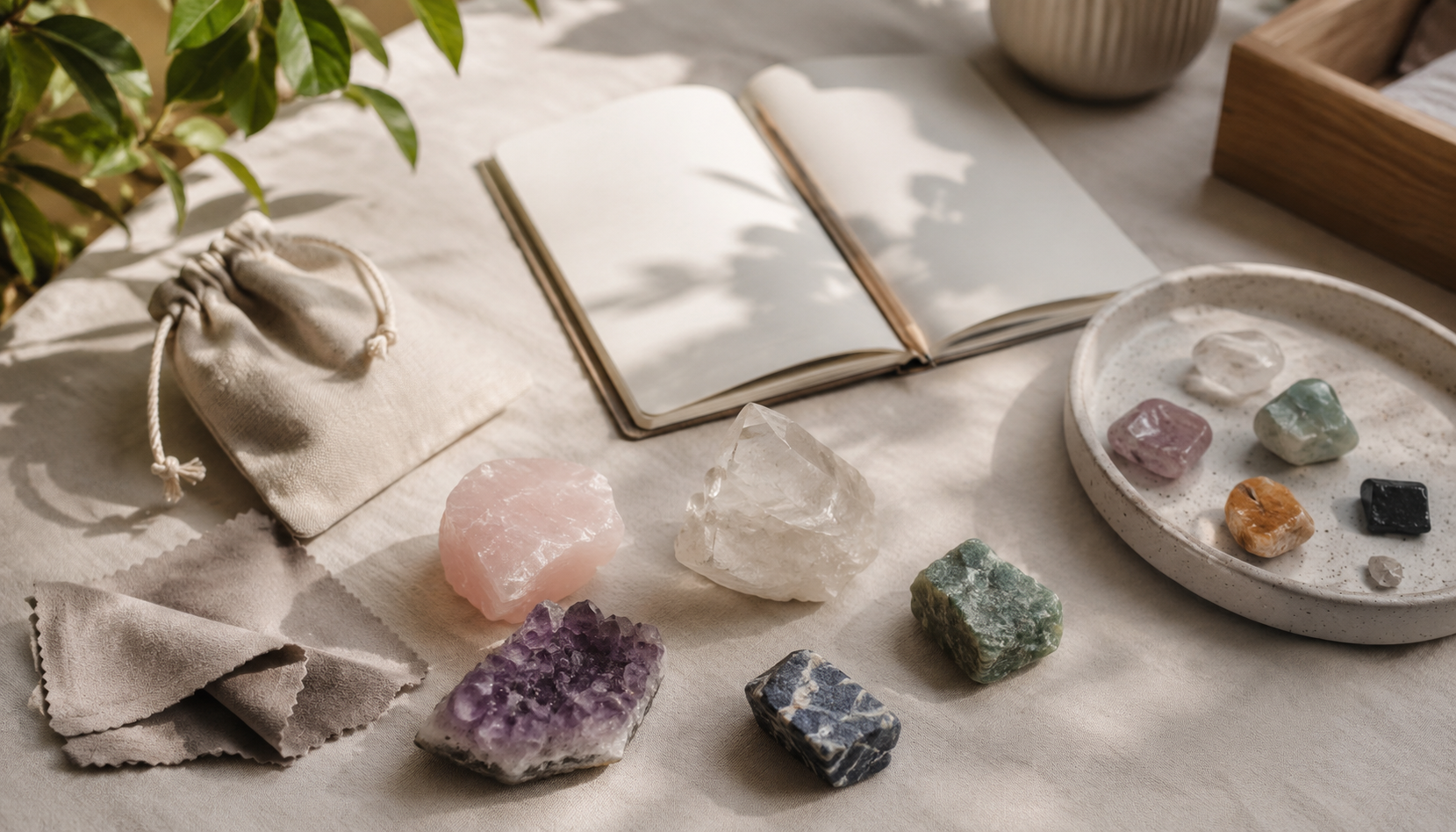 A practical crystal care setup with stones, pouch, cloth, and open notebook
