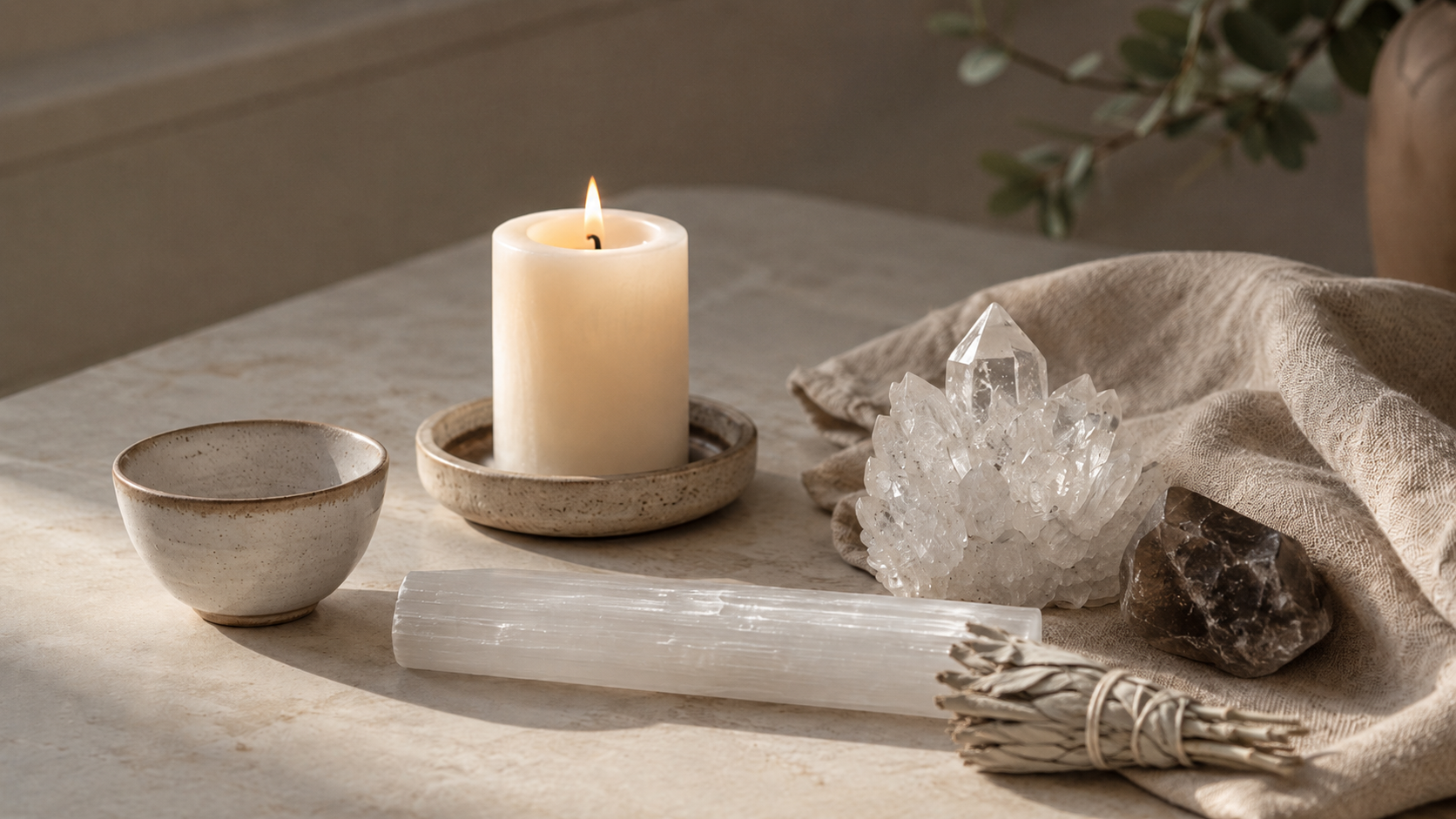 A calm crystal cleansing setup with selenite, quartz, candle, and cloth