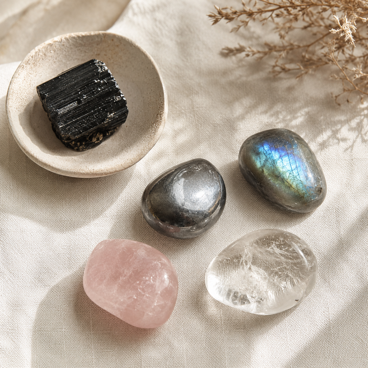 Energetic role stones including black tourmaline, hematite, labradorite, rose quartz, and clear quartz