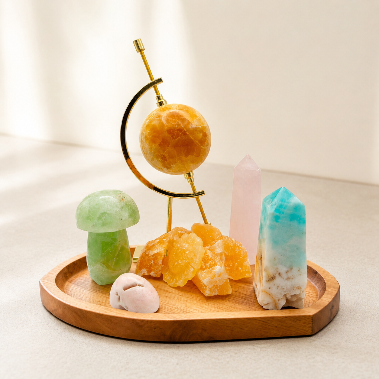 Related crystals in several colors and forms displayed together on a wooden tray