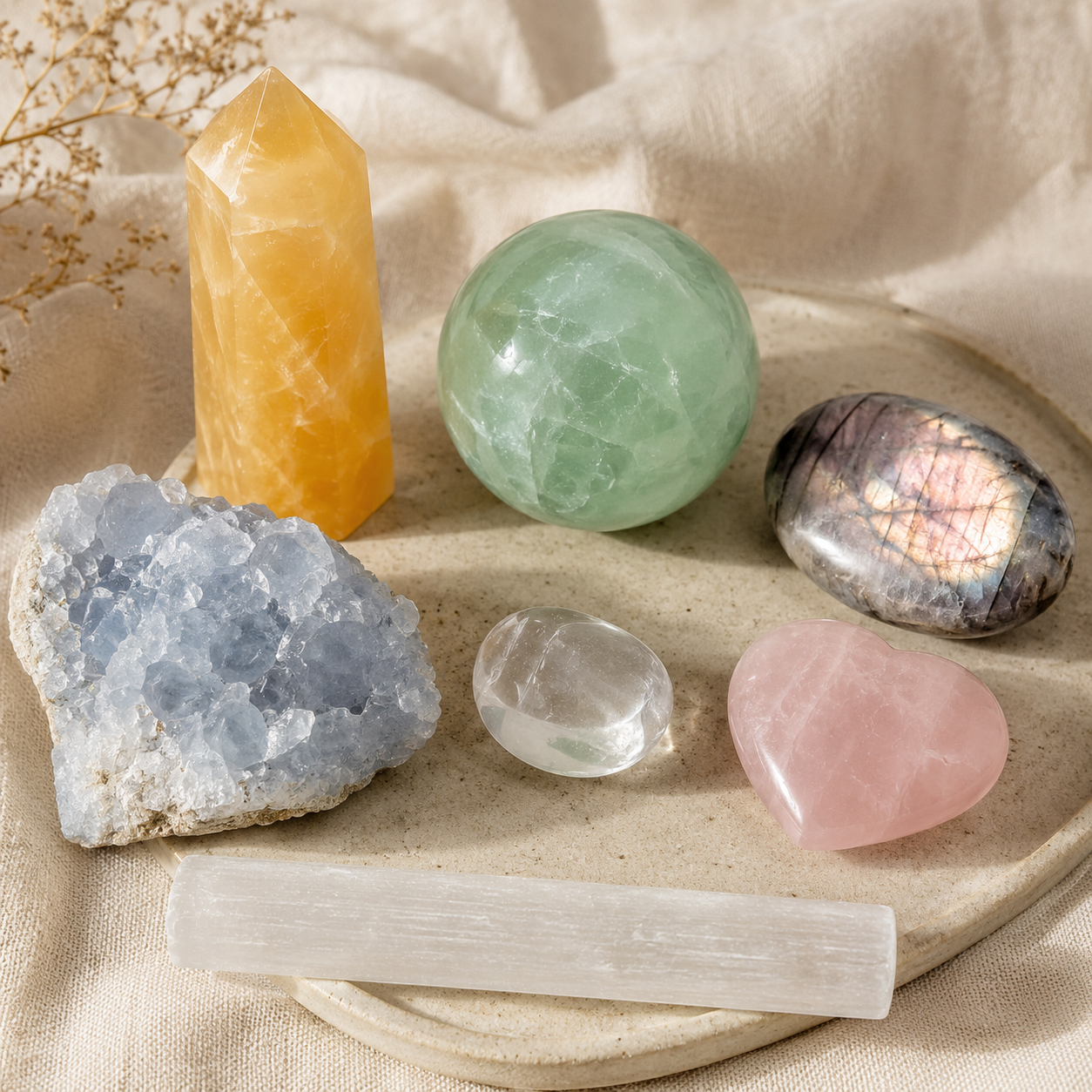 Crystal forms including a tower, sphere, palm stone, cluster, tumble, heart, and wand