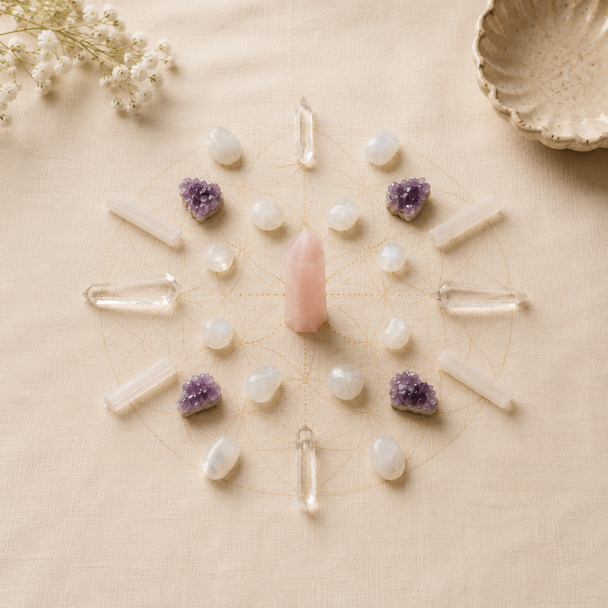 A soft crystal grid arranged on cloth with rose quartz, amethyst, and clear quartz